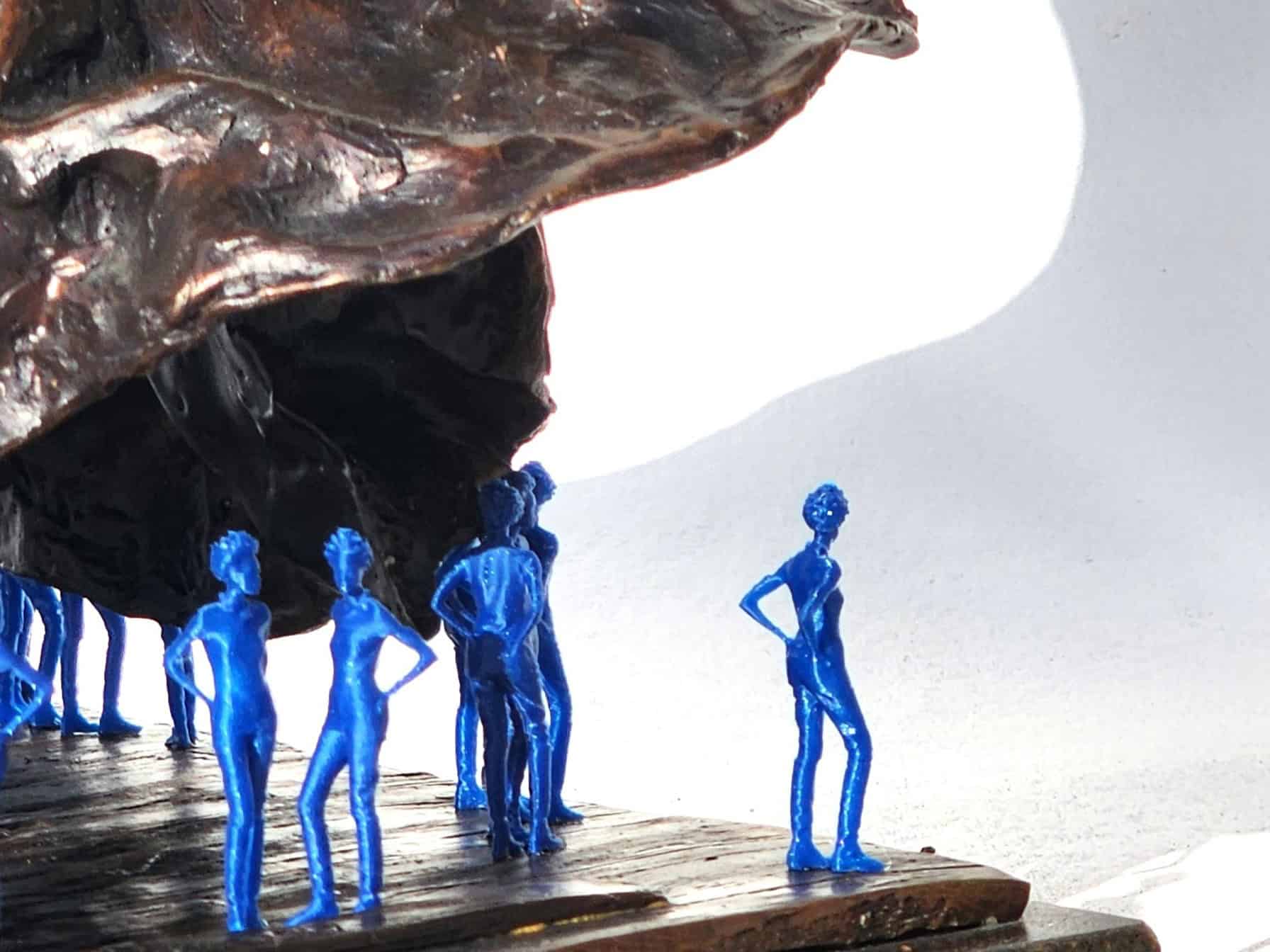 Bronze in the digital age, 3D printed figures, blue